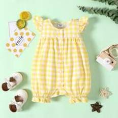 Patpat Baby Girl Allover Yellow PlaidLemon Print FlutterSleeve Snap Romper - Yellow - 6-9M,9-12M,12-18M,3-6M,0-3M