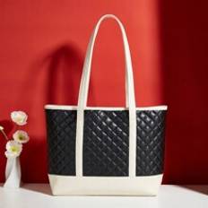 Fashionable Womens Shoulder Bag Diamond Pattern Handbag With Color Blocking Design Large Capacity Tote Bag - Black and White