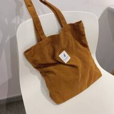 Retro Corduroy Tote Bag Womens Simple Shoulder Bag Letter Patch Decor Handbag - Brown - one-size