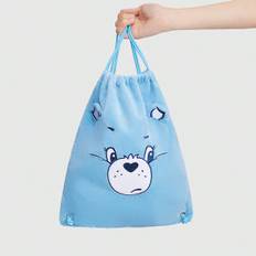 Blue Cartoon Embroidered Bear Pattern Plush Drawstring Fashion Backpack - Blue - one-size