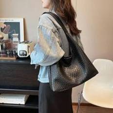 Retro Solid Color Tote Bag Soft Leather PU Shoulder Bag Womens Hobo Handbag For Commuting And Shopping - Black