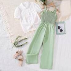 Teen Girls Solid Color Shirt And Jumpsuit Set - Mint Green - 14Y,13Y,16Y,15Y