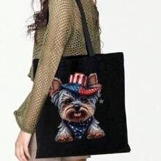 pc Summer American Independence Day Simple Star Strike Element Dog Pattern And Letters Print Black Tote Bag Independent Day Souvenirs To Give Friends  - Black