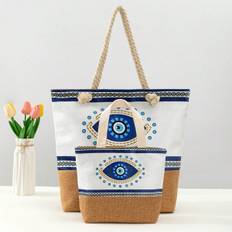 Blue Eyes Geometric Pattern Shoulder Bag Tote Set  Large Canvas Tote Bag Beach Bag - Multicolor