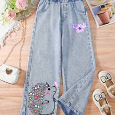 Girls Casual Wide-leg Denim Jeans With Elastic Waist, Animal Butterfly Print, Loose Fit Fashion For Youth, Versatile Blue Jean Trousers