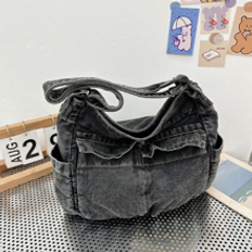 Retro Multi Pocket Denim Tote Bag Casual Large Capacity Shoulder Bag AllMatch Girls Daily School Bag  Work Bag - Black