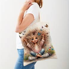 Canvas Tote Bag With Double-sided Fairytale World Print, Cute Cartoon Design, Reusable Casual Shopping Bag For Students, Ladies Handbag, Women's Tote, Ideal Gift, No-zip Closure