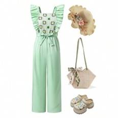 Teen Girl Crochet Flower Lace Patchwork Ruffle Square Neck Jumpsuit Suitable For Summer Vacation - Mint Green - 14Y,13Y,16Y,15Y