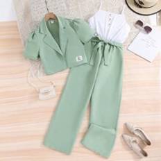 pcsSet Teen Girls Puff Sleeve Blazer Collared Jacket And Cami Jumpsuit - Mint Green - 14Y,13Y,16Y,15Y