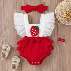 Patpat pcs Baby Girl Strawberry Embroidered Bow Front Ruffled Spliced Romper  Headband Set - Red - 6-9M,9-12M,12-18M,3-6M,0-3M