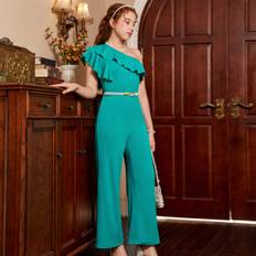 Teen Girl Elegant Solid Color One Shoulder Design Jumpsuit With Cinched Waist And WideLeg - Mint Green - 14Y,13Y,16Y,15Y