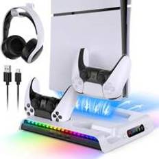 Charging Stand For NEW PS Slim With Cooling Fan Station For DualSenseEdge Controller With RGB Light Headset Hook   USB Hubs Cooler For Playstation  Sl - White - FOR NEW PS5 Slim Charging Base