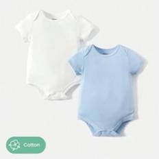 Patpat Pack Baby GirlBoy  Cotton Solid Color ShortSleeve Rompers - Blue and White - 6-9M,9-12M,12-18M,3-6M,0-3M
