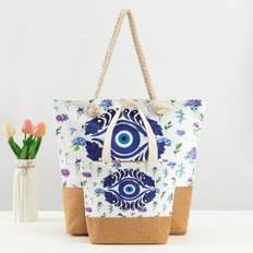 Blue Eye Geometric Pattern Shoulder Bag  Large Tote Bag Set  Large Canvas Handbag Beach Bag - White