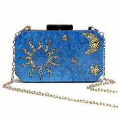 Blue Acrylic Clutch With Sun Stars Moon Patterns For Women Blue Evening  Bag For Dinner Wedding Party Perfect Gift - Blue