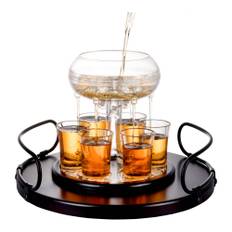 Bezrat Barware USA 6 Shot Glass Dispenser Gift Set - Mahogany Tray Drinking Set