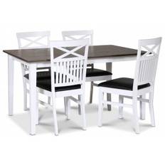 Skagen spisebordssæt; klassisk spisebord 140x90 cm - Hvid/brunolieret eg med 4 Fårö stole (Kryds i ryggen) med sort PU-sæde