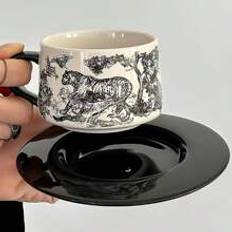 1set Hand-Painted Forest Tiger Ceramic Cup & Saucer, Artistic Ins-Style Coffee Mug Set, Vintage Afternoon Tea Cup & Plate For Cafe, Restaurant, Living Room