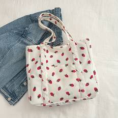 Canvas Strawberry Tote Bag For Women, Casual Shoulder Shopping Bag, Student Tote, Reusable
