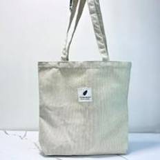 Retro Corduroy Tote Bag Womens Simple Shoulder Bag Letter Patch Decor Handbag - Beige - one-size