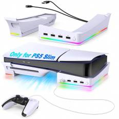 RGB Horizontal Stand For PS Slim Console Accessories With  Light Mode And  USB Hubs Side Stand For Playstation  Slim Disc  Digital Base Holder With Fa - White - PS5 SLIM Dedicated Horizontal Stand