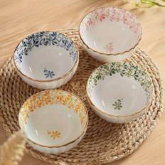 4pcs, 4.5 Inch Ceramic Spiral Rice Bowl, Striped Soup Bowl, 4 Seasons Floral Pattern Tableware Set, Oven Microwave Safe, High Temperature Firing High-value Tableware, Kitchen Supplies