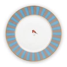 Pip studio porcelæn Love Birds strippede blå/khaki tallerken - Ø 17cm