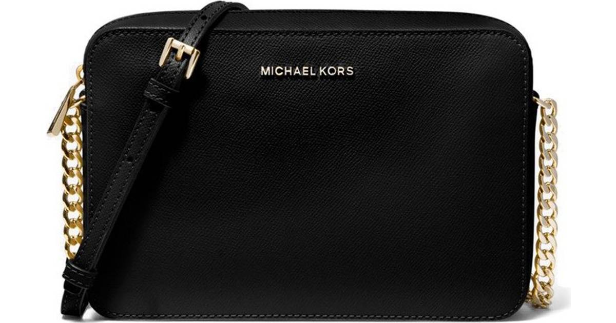 Michael Kors Jet Set Large Saffiano Leather Crossbody Bag - Black/Gold •  Pris »