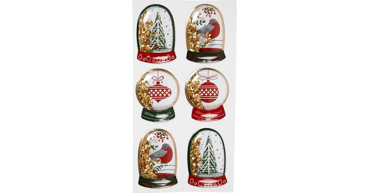 Shaker stickers, str. 49x32 45x36 mm, guld, fugl, træ og julekugler, 6stk •  Pris »