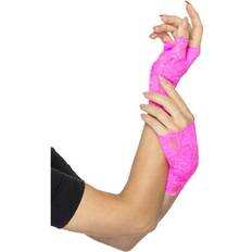 Damer - Tidstypiske Tilbehør Smiffys 80's Fingerless Lace Gloves Neon Pink
