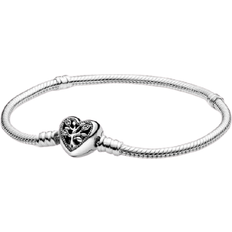 Pandora Kubisk Zirkon - Sølv Armbånd Pandora Moments Family Tree Heart Clasp Snake Chain Bracelet - Silver/Transparent