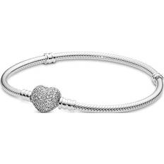 Pandora Kubisk Zirkon - Sølv Armbånd Pandora Moments Sparkling Heart Clasp Snake Chain Bracelet - Silver/Transparent