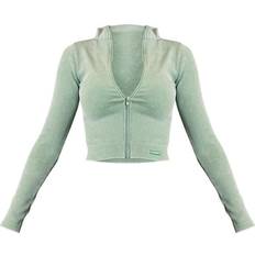 PrettyLittleThing Dame - Grøn Overtøj PrettyLittleThing Acid Wash Khaki Seamless Ribbed Zip Up Cropped Sports Jacket