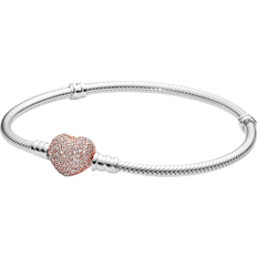 Pandora Kubisk Zirkon - Sølv Armbånd Pandora Moments Pavé Heart Clasp Snake Link Bracelet - Silver/Rose Gold/Transparent