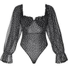 PrettyLittleThing Mesh Polka Dot Milkmaid Bodysuit - Black