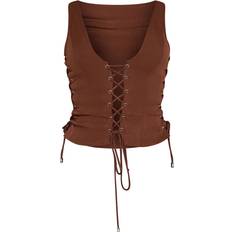 26 - Snøring Tøj PrettyLittleThing Woven Lace Up Detail Plunge Sleeveless Top - Chocolate