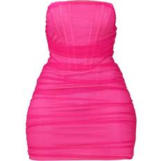 PrettyLittleThing 6 - Pink Kjoler PrettyLittleThing Shape Mesh Corset Detail Ruched Bodycon Dress - Hot Pink