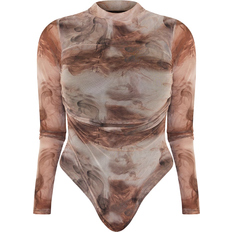 Dame - Mesh Bodystockings PrettyLittleThing Shape Smoke Print Mesh Ruched High Neck Bodysuit - Brown
