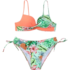 Grøn Bikinisæt Shein Tropical Print Wrap Cross Push Up Tie Side Bikini Swimsuit - Coral Orange