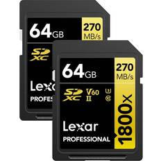 LEXAR 64 GB - Class 10 - SDXC Hukommelseskort LEXAR Professional SDXC Class 10 UHS-II U3 V60 270/180MB/s 64GB (1800x) (2-Pack)