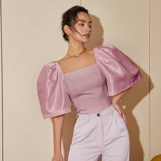 Firkantet - Pink - Polyester Overdele Shein Square Neck Puff Sleeve Blouse