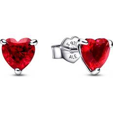 Pandora Heart Stud Earrings - Silver/Red