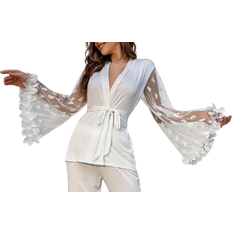 Flæse Pyjamasser Shein Appliques Flounce Sleeve Belted PJ Set - White