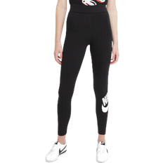 Dame - Polyester Leggings Nike Sportswear Essential Women's High-Waisted Logo Leggings - Black/White