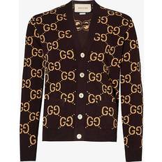 Gucci Trøjer Gucci Mens Bordeaux Camel Logo-embroidered Ribbed-trims Wool Cardigan