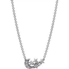 Pandora Kubisk Zirkon - Sølv Halskæder Pandora Sparkling Moon & Star Collier Necklace - Silver/Transparent