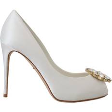 36 ½ - Dame - Hvid Højhælede sko Dolce & Gabbana White Crystals Peep Toe Heel Satin Pumps EU36.5/US6