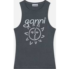 Ganni Polyester Toppe Ganni Sun Graphic Ribbed Jersey Tank Top Grey
