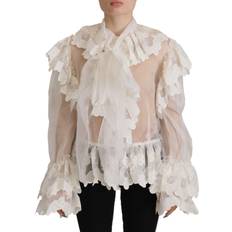 Dame - L - Silke Bluser Dolce & Gabbana White Ruffles Lace Long Sleeve Blouse Top IT36