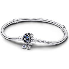 Pandora Kubisk Zirkon - Sølv Armbånd Pandora Moments Sparkling Moon Clasp Snake Chain Bracelet - Silver/Blue/Transparent